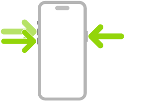 Ilustração do iPhone com setas a apontar para o botão lateral em cima, à direita, e para os botões do volume, em cima, à esquerda.