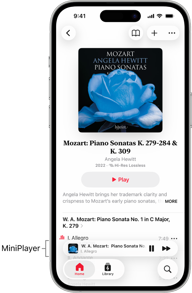 מכשיר iPhone המציג את הנגן המוקטן ב-Apple Music Classical. בראש המסך מופיעות עטיפת האלבום, שם היצירה והכפתור Play [״הפעלה״]. הנגן המוקטן מופיע קרוב לתחתית המסך. מתחת לנגן המוקטן נמצאים הכפתורים Browse, Home,‏ Library ו-Search.