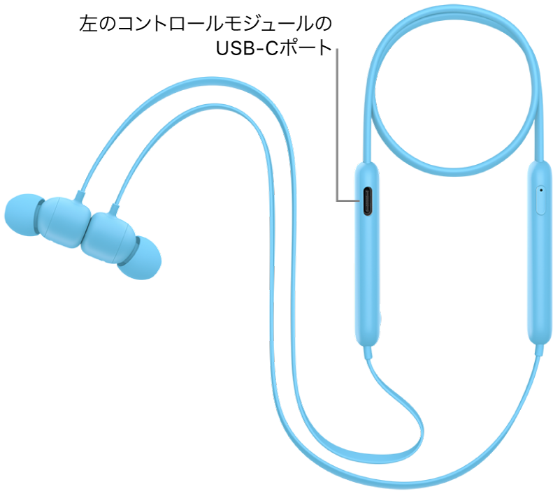 Beats&nbsp;Flexの左のコントロールモジュールの下部にあるUSB-C充電ポート。