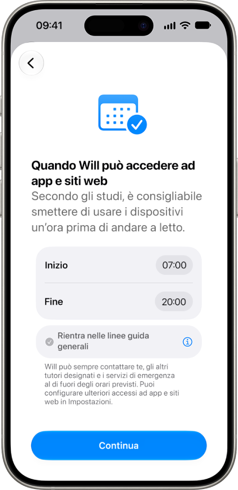 La schermata dei controlli parentali che mostra le ore in cui un bambino può accedere al dispositivo.