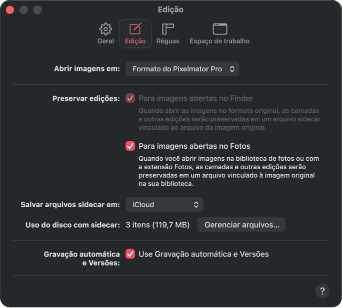 Painel de ajustes de Edição.