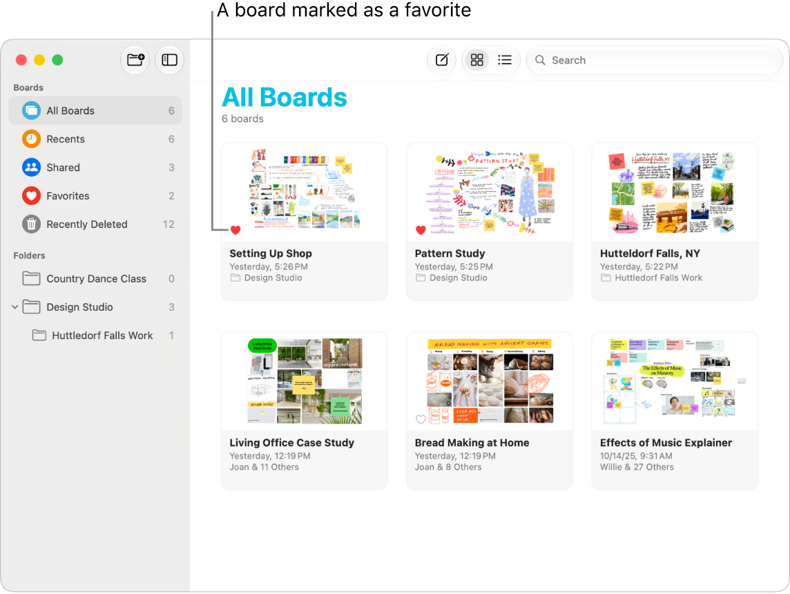 Favorites marked in the All Boards view in Freeform.