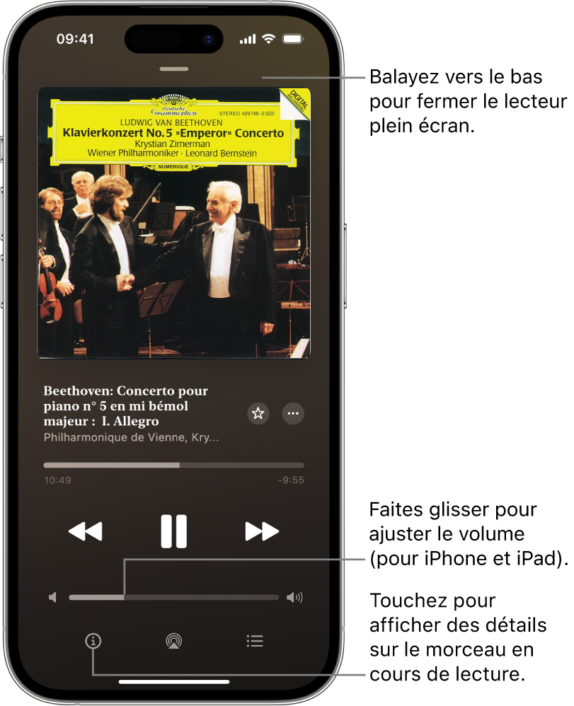 Un iPhone affichant l’écran « À l’écoute » dans Apple Music Classical. En haut de l’écran se trouve une barre grise qui permet en la touchant de masquer l’écran « À l’écoute » et de revenir au mini-lecteur. Sous la barre, figure la pochette de l’album, le nom de l’œuvre et la barre de lecture, indiquant la durée de la piste et le temps écoulé. Dans la partie inférieure de l’écran se trouvent les boutons Reculer, Pause et Avancer, ainsi que la commande de volume et les boutons Infos, AirPlay et File d’attente.
