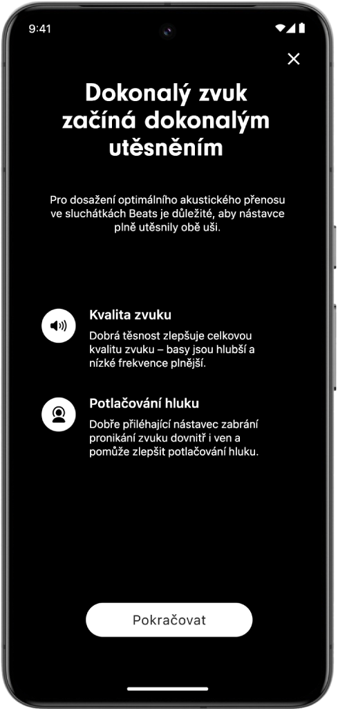Obrazovka zařízení s&nbsp;Androidem zobrazující test uchycení nástavců.