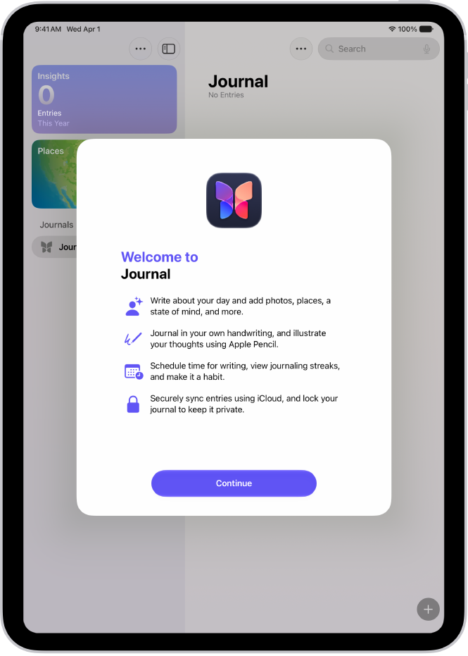 The welcome screen for the Journal app.