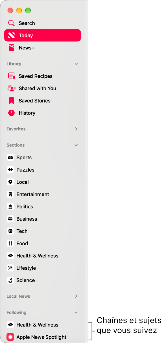 La barre latérale Apple&nbsp;News affichant les chaînes et les sujets suivis.