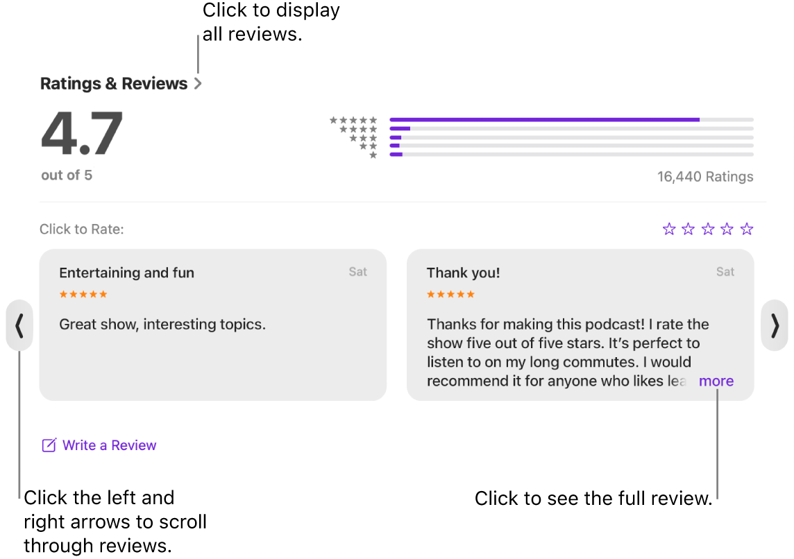 The Ratings & Reviews section for a show in Podcasts. Click the left and right arrows at the edges of the screen to scroll backward or forward. Click “more” to see an entire review.