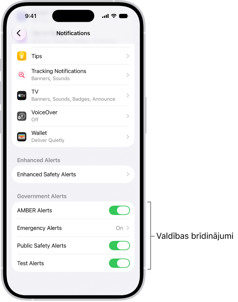 Ekrāns Notifications, kurā redzams iestatījums Government Alerts, ko varat ieslēgt, lai saņemtu valsts iestāžu brīdinājumus.