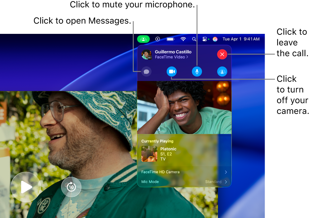 SharePlay controls shown in the Menu bar including buttons to open the Messages app, mute your microphone, turn off your camera, and leave the call.