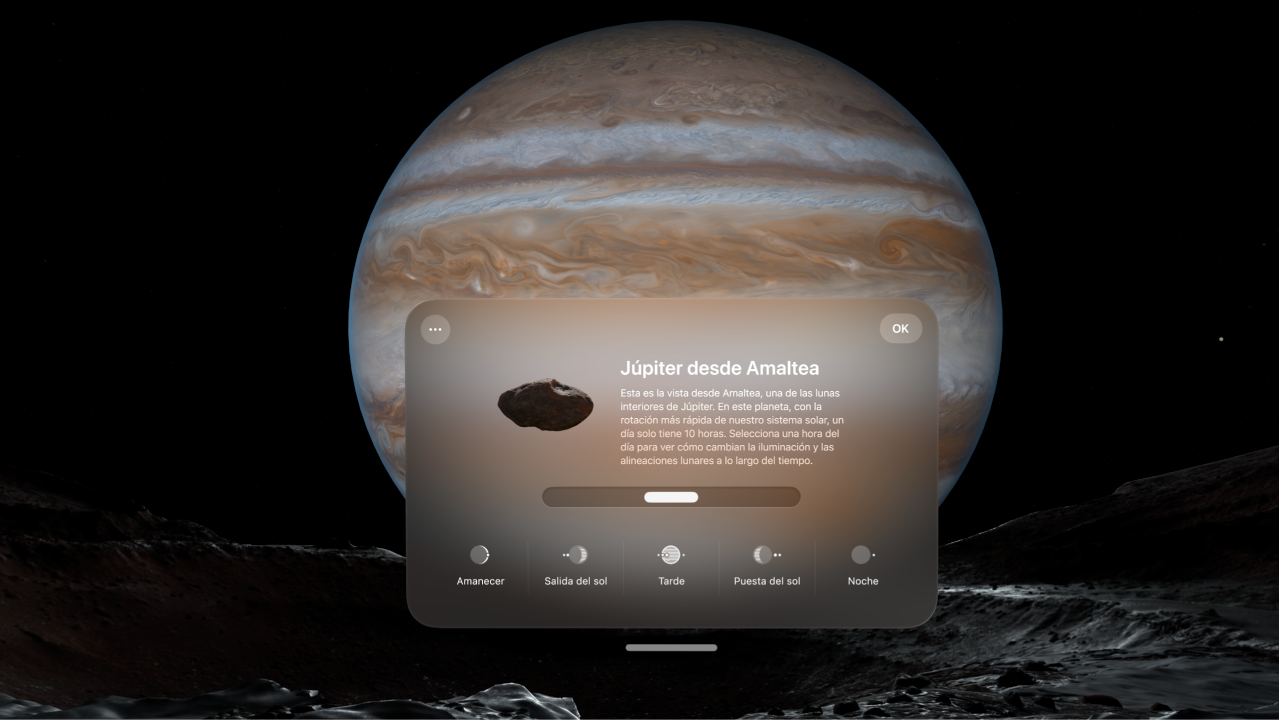 Ambiente Júpiter en el Apple&nbsp;Vision&nbsp;Pro, con opciones para cambiar la hora del día.
