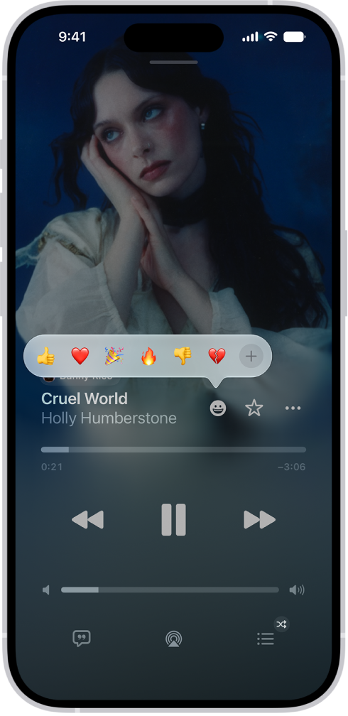 Obrazovka Právě hraje s&nbsp;tlačítkem Reakce, u&nbsp;kterého se zobrazuje několik emotikonů a&nbsp;tlačítko Přidat. Když na toto tlačítko klikněte, můžete vyhledat další emotikony.