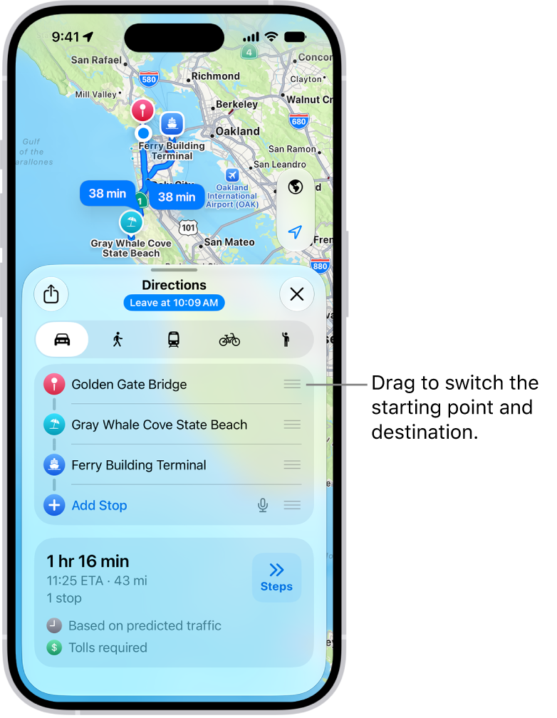 A map with several possible routes for driving directions between My Location and a destination.