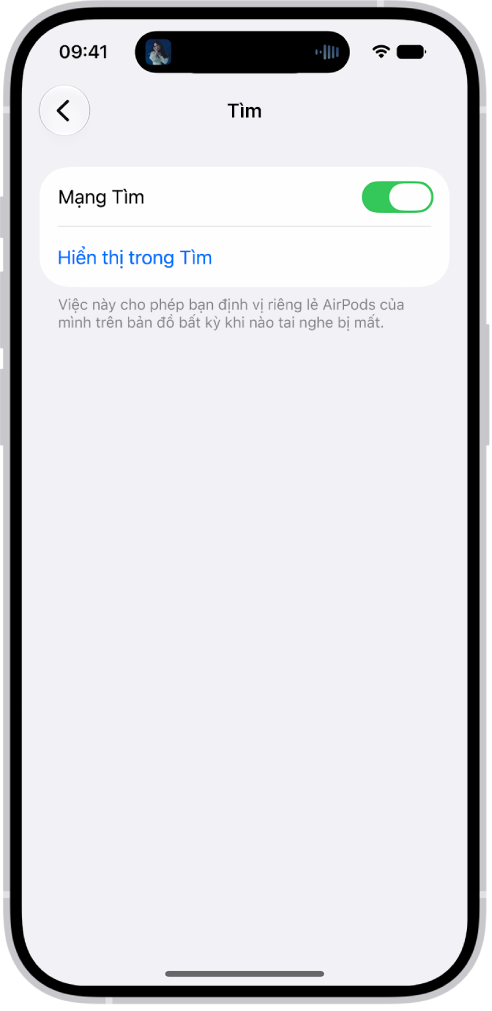 Cài đặt Bluetooth trên iPhone đang hiển thị các tùy chọn cho AirPods&nbsp;Pro. Tùy chọn Mạng Tìm được bật, cho phép định vị riêng lẻ các AirPods trên bản đồ bất kỳ lúc nào chúng bị mất.