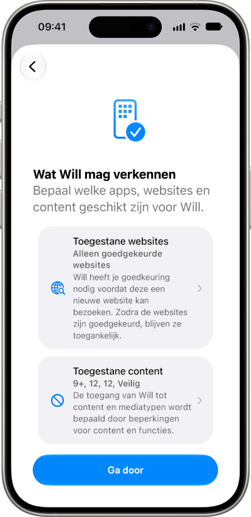 Het configuratiescherm voor ouderlijk toezicht met opties voor het type content dat toegankelijk is, zoals apps en websites.