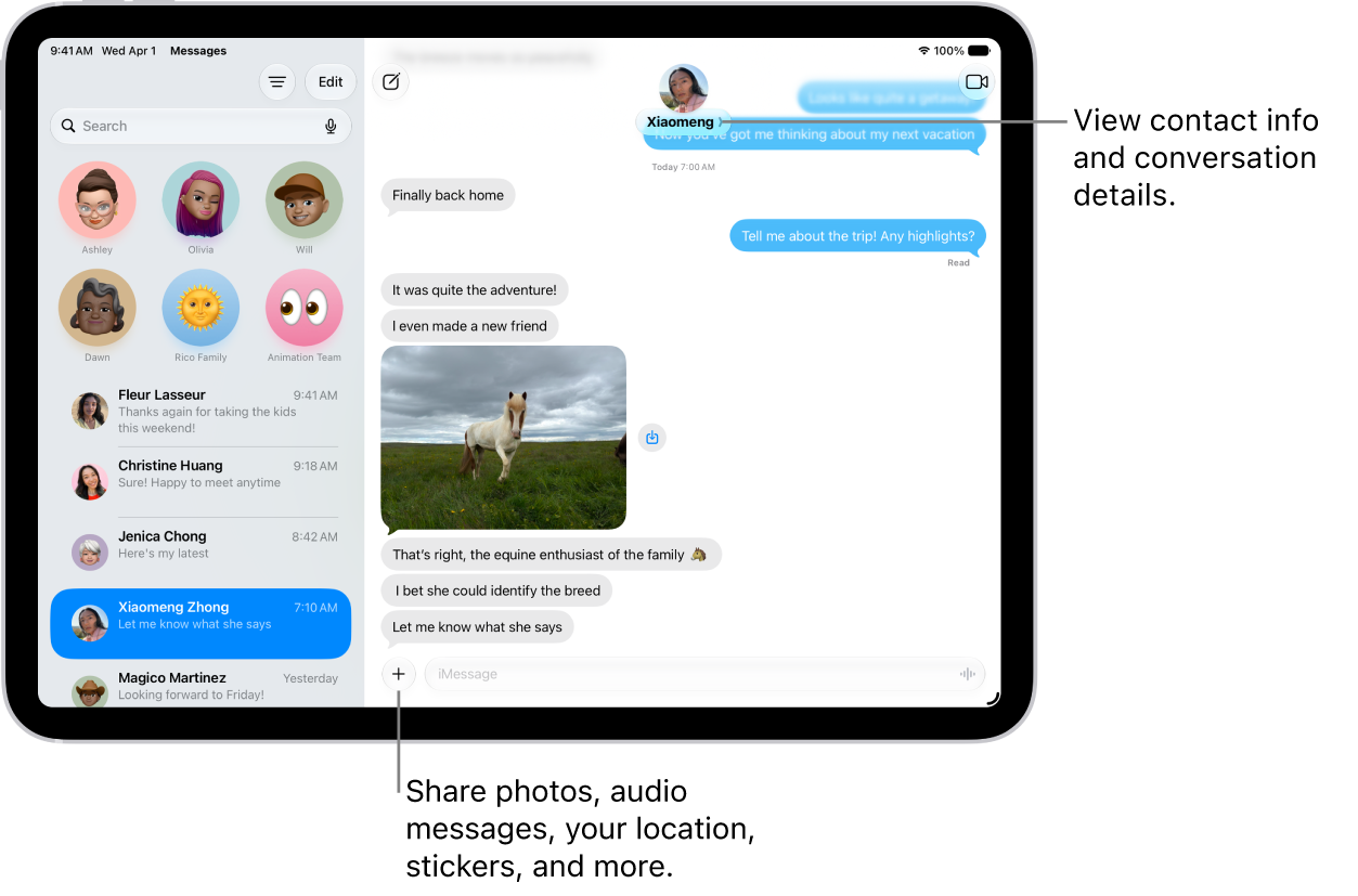 A Messages conversation list on the left and a conversation transcript on the right. At the top, tapping the contact icon opens conversation details.