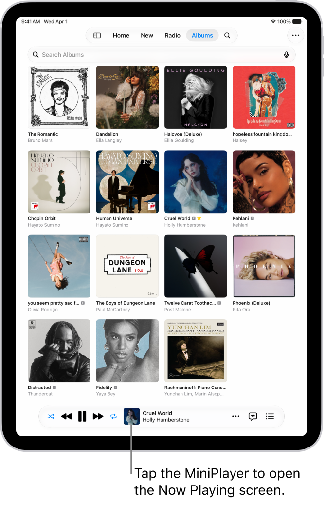 The Albums tab, showing the MiniPlayer near the bottom. The MiniPlayer shows the title of the song that’s playing.