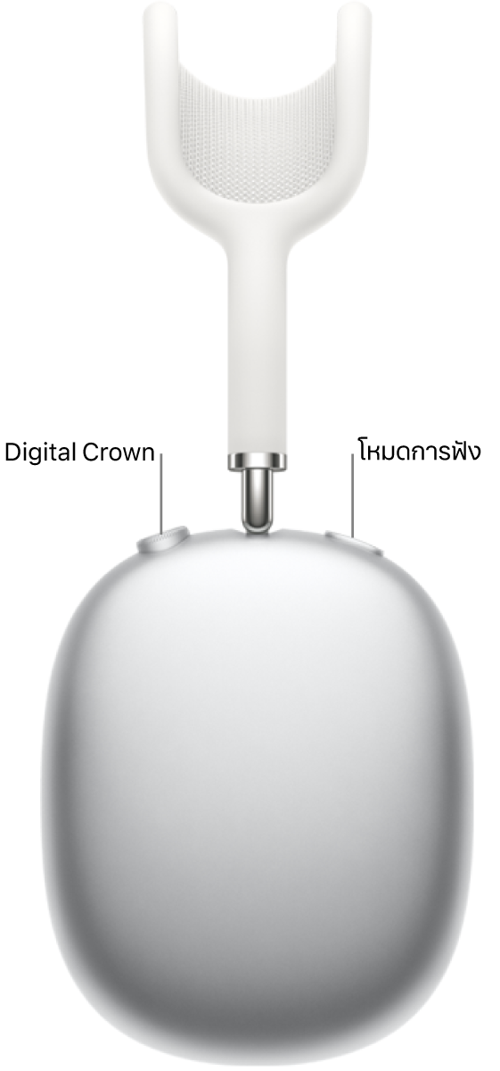 หูฟังข้างขวาบน AirPods&nbsp;Max 1 ที่แสดง Digital Crown ที่ด้านซ้ายบนสุดของหูฟังและปุ่มโหมดการฟังที่ด้านขวาบนสุด