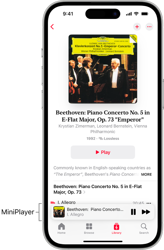 מכשיר iPhone המציג את הנגן המוקטן ב-Apple Music Classical. בראש המסך מופיעות עטיפת האלבום, שם היצירה והכפתור Play [״הפעלה״]. הנגן המוקטן מופיע קרוב לתחתית המסך. מתחת לנגן המוקטן נמצאים הכפתורים Browse, Home,‏ Library ו-Search.