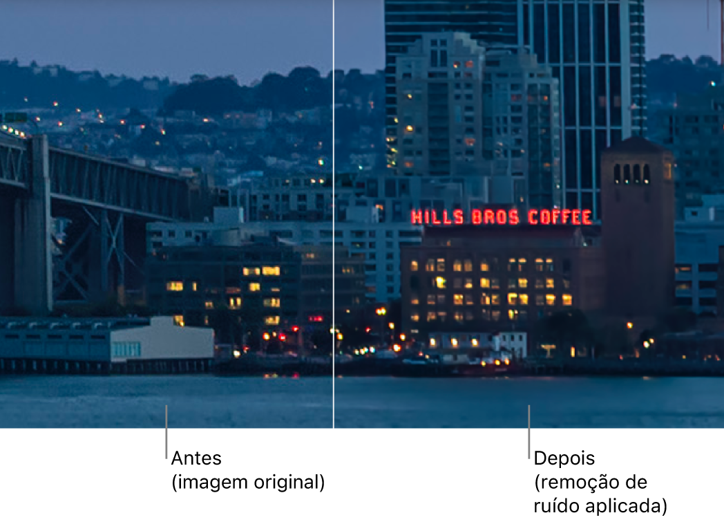 Comparação lado a lado de uma foto na tela de trabalho com e sem o ajuste Reduzir Ruído aplicado.