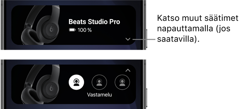 Ensimmäisessä kuvassa näkyvät Beats-apin widgetti ja yhdistetyt Beats&nbsp;Studio&nbsp;Pro -kuulokkeet sekä painike muiden säätimien näyttämiseen. Toisessa kuvassa näkyvät widgetti ja Vastamelu-säätimet.
