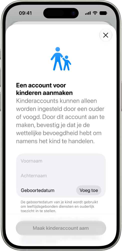 Het scherm 'Maak account voor kind aan' met opties voor het invoeren van een voornaam, achternaam en geboortedatum.