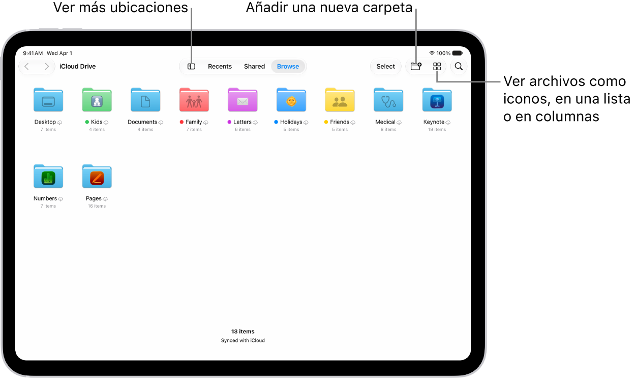 App Archivos con varias carpetas y ubicaciones denominadas Descargas, Cartas, Familia, etc. En la parte inferior de la pantalla están los botones Recientes y Compartido, y la pestaña Explorar.