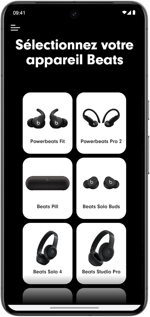 L’écran «&nbsp;Sélectionnez votre appareil Beats&nbsp;» de l’app&nbsp;Beats avec les appareils Beats pris en charge.