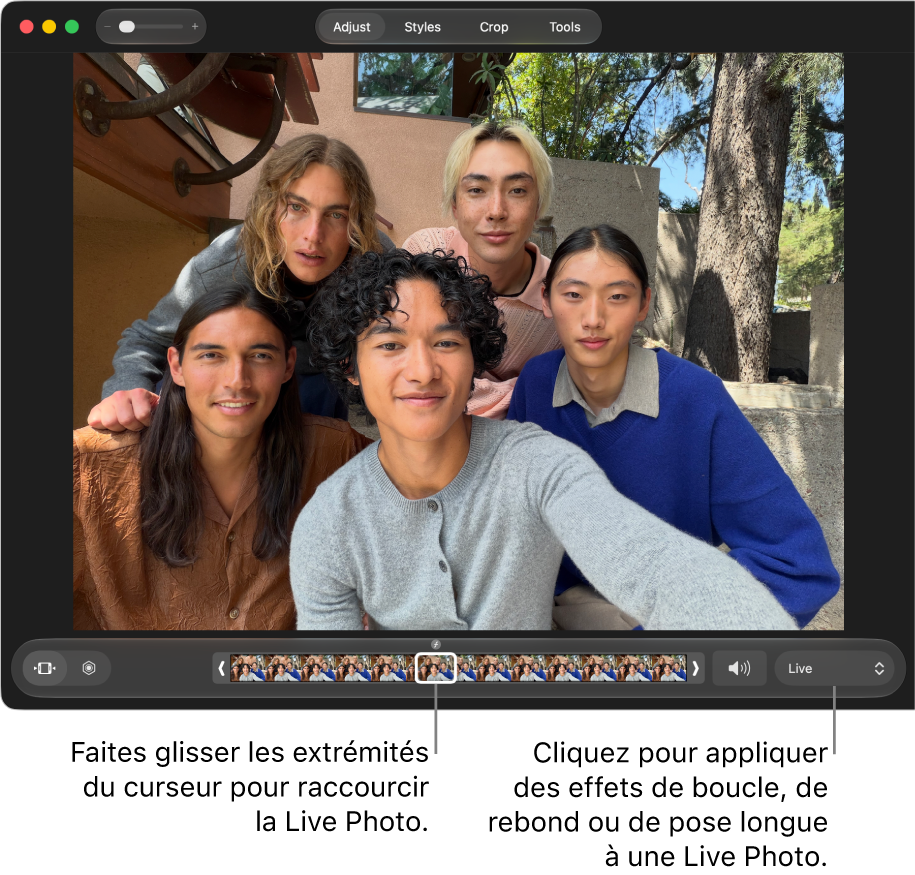 Une Live&nbsp;Photo en mode édition avec un curseur en dessous présentant les images de la photo. À la droite du curseur, on retrouve le bouton Haut-parleur et un menu contextuel, que vous pouvez utiliser pour ajouter une boucle, un rebond ou un effet d’exposition longue.