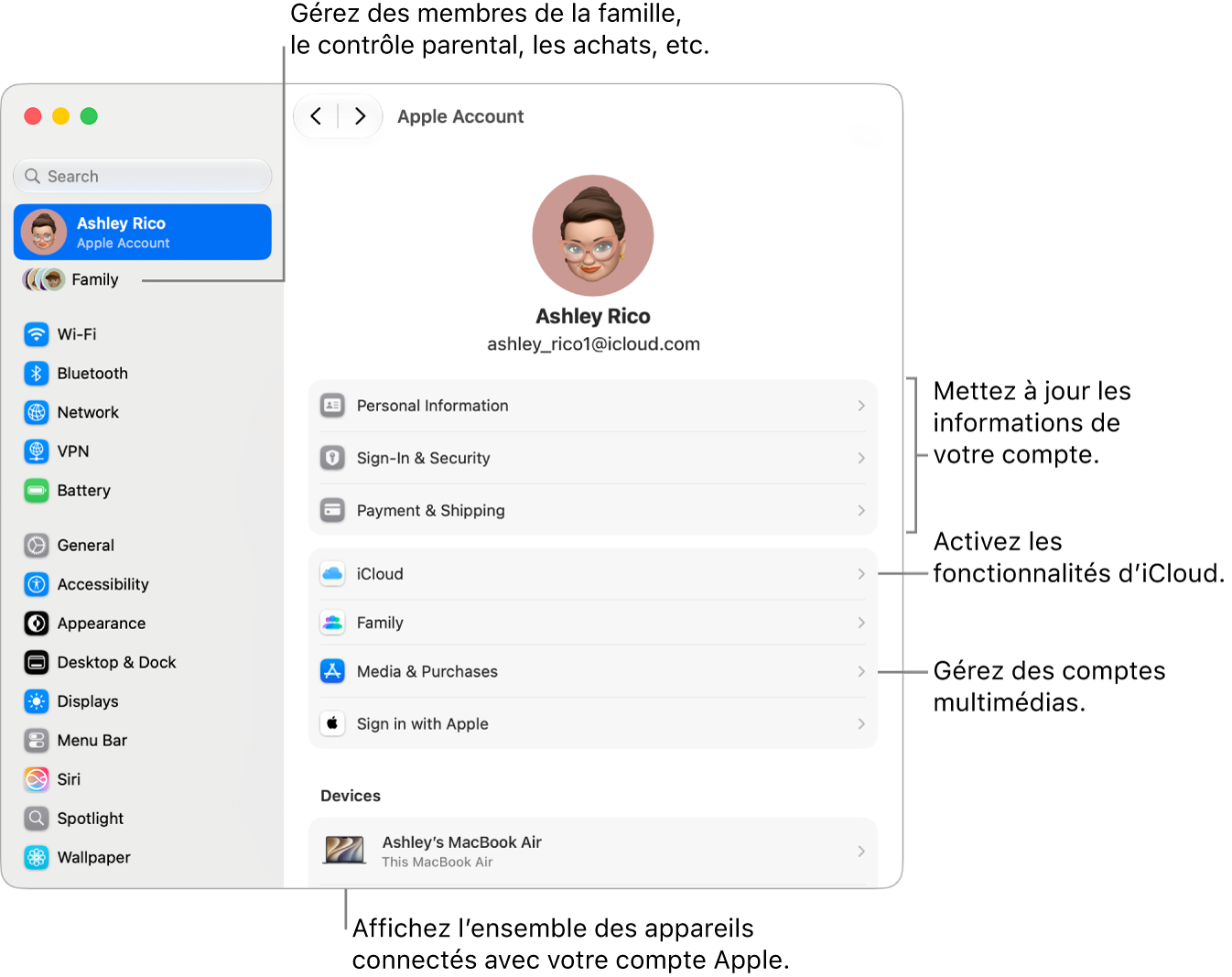 Les réglages du compte&nbsp;Apple dans Réglages&nbsp;Système avec des légendes pour la mise à jour des informations du compte, l’activation ou la désactivation des fonctionnalités iCloud, la gestion des comptes multimédias et la modification des réglages Famille, où vous pouvez gérer les membres de votre famille, le contrôle parental, les achats, et plus encore.