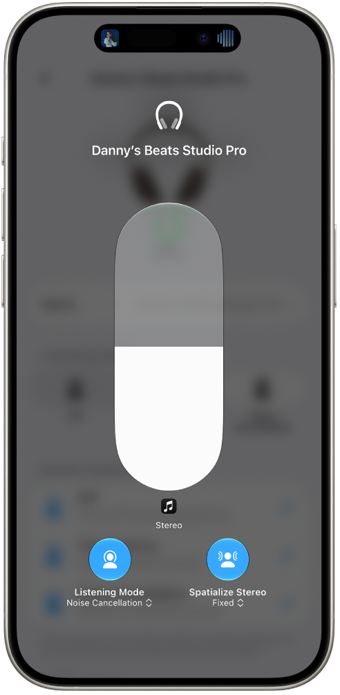 The volume screen in Control Center showing the volume level for Studio Pro headphones. 
