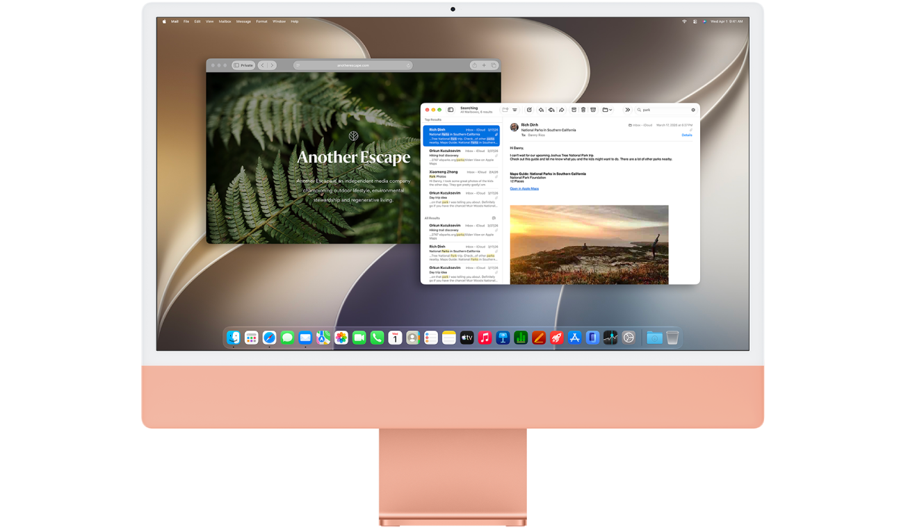 iMac 上打开了“邮件” App 窗口和 Safari 浏览器 App 窗口。