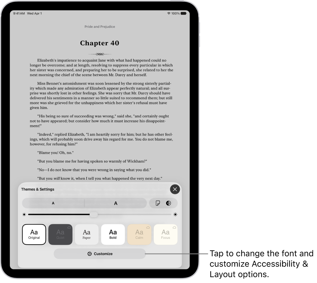 A page of a book in the Books app. The Themes & Settings options show controls for font size, scrolling view, page turn style, brightness, and font styles.