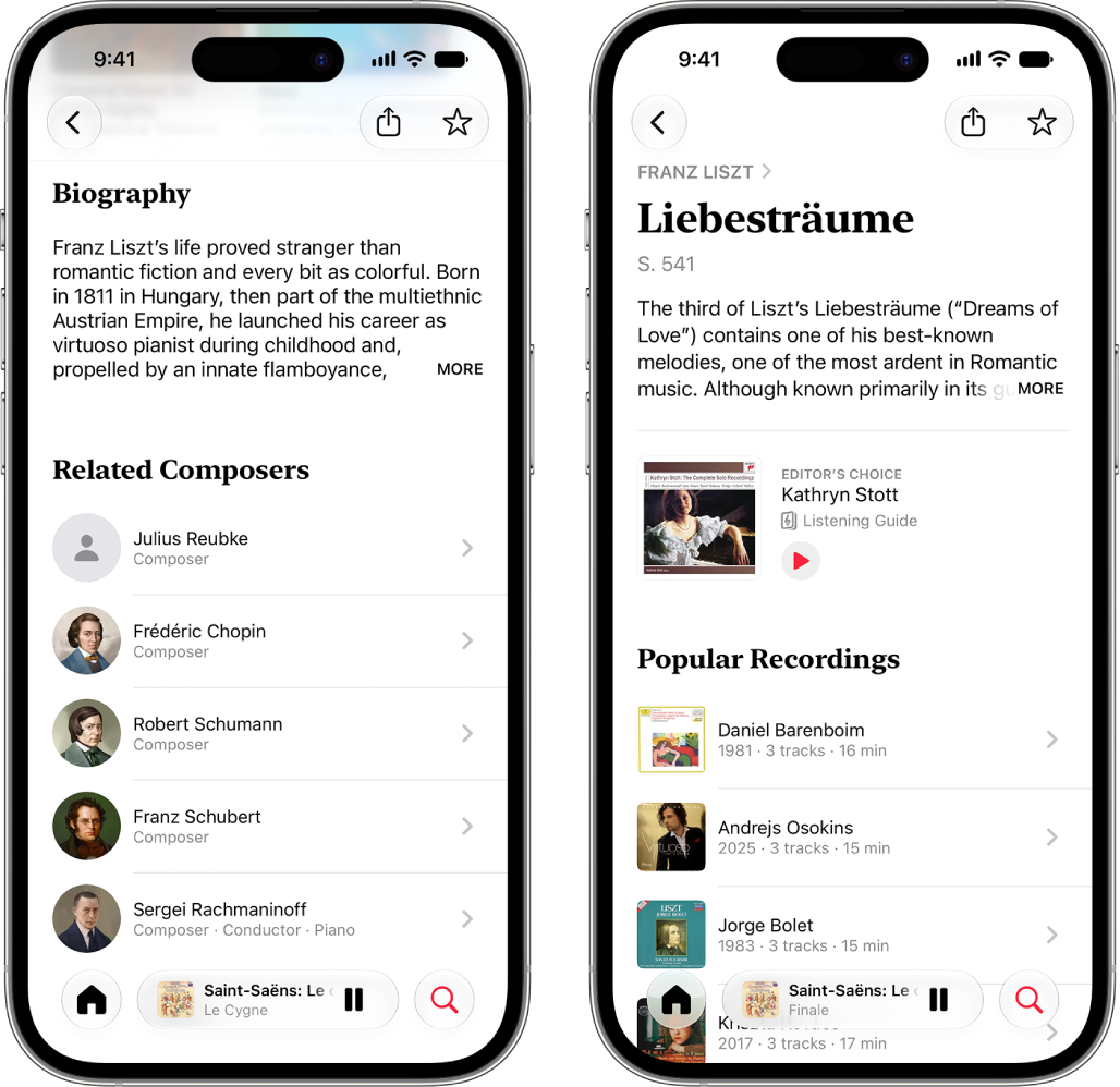 Two iPhone devices showing various information about classical music. The first one shows a composer biography at the top of the screen. The second one shows a work description just below the work name.