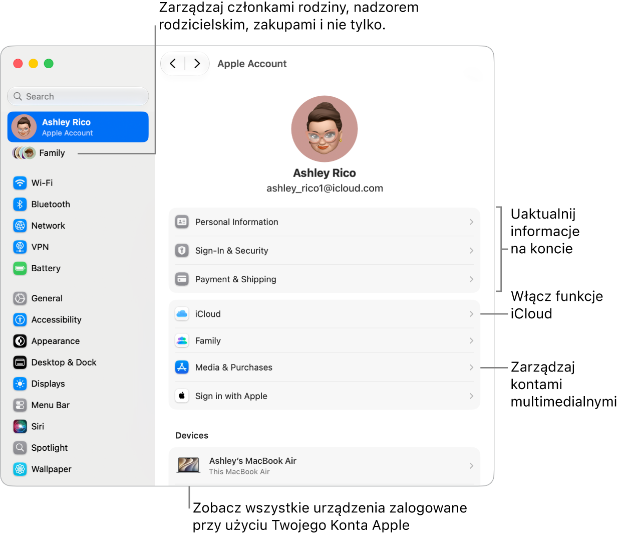 Ustawienia konta Apple w&nbsp;Ustawieniach systemowych z&nbsp;opisami wskazującymi opcje umożliwiające uaktualnianie danych konta, włączanie lub wyłączanie funkcji iCloud, zarządzanie kontami multimedialnymi oraz dostosowywanie ustawień rodziny, w&nbsp;tym zarządzanie ustawieniami członków rodziny, nadzorem rodzicielskim, zakupami i&nbsp;nie tylko.