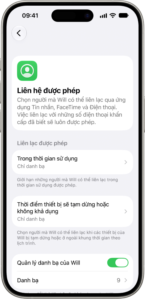 Màn hình Liên hệ được phép trong cài đặt Thời gian sử dụng, đang hiển thị các tùy chọn cho liên lạc được phép trong thời gian sử dụng, liên lạc được phép khi tạm dừng sử dụng thiết bị và quản lý liên hệ.