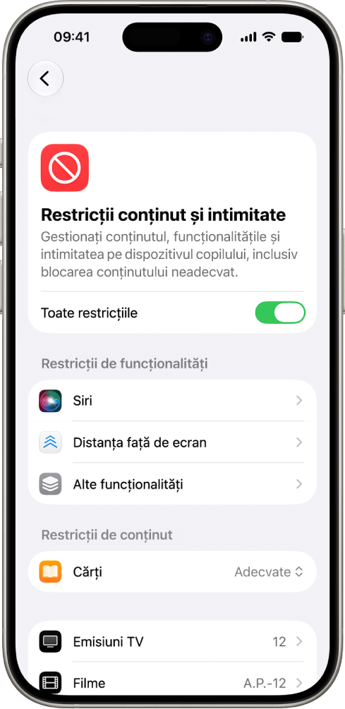 Ecranul „Restricții conținut și intimitate” din „Timp de utilizare”, afișând opțiuni pentru Restricții funcționalități și conținut.