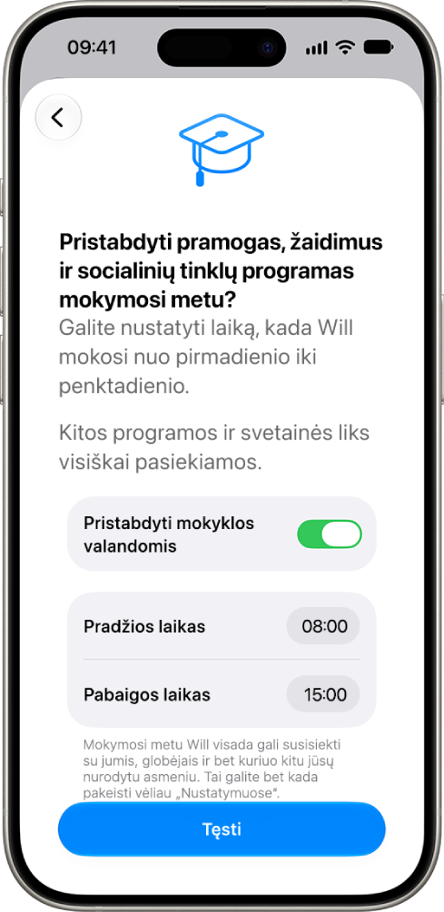 Tėvų kontrolės priemonių nustatymo ekranas, kuriame rodomos valandos, kuriomis per mokymosi valandas įrenginys turėtų būti pristabdytas.