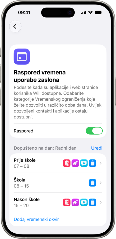 Zaslon Raspored vremena uporabe zaslona u Postavkama Vremena uporabe zaslona, prikazuje raspored za radne dane s vremenskim prozorima za Prije škole, Škola i Poslije škole.