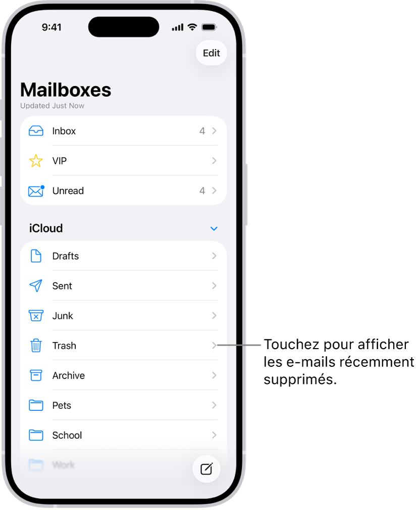 L’écran Boîtes. Sous iCloud, les boîtes sont indiquées de haut en bas, y compris la boîte Corbeille. Touchez-la pour voir les messages supprimés récemment.