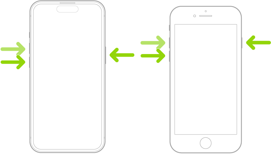 Two iPhone models, one with a Home button and one without, screens facing up. The volume buttons of each are on the left, and the side button is on the right.