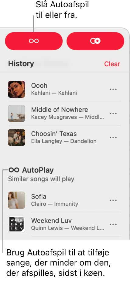 Historikken er synlig i øverste højre hjørne af Apple Music. Afsnittet Autoafspil vises også.
