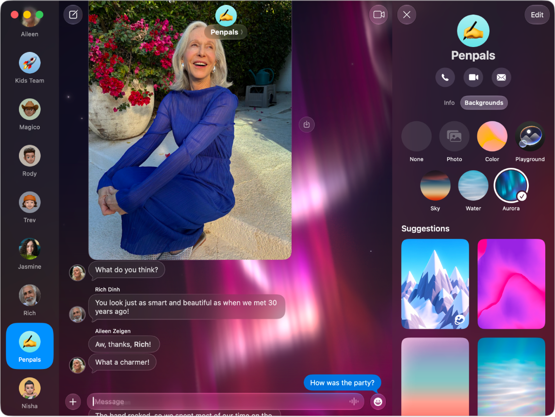 A conversation in Messages with an Aurora background.