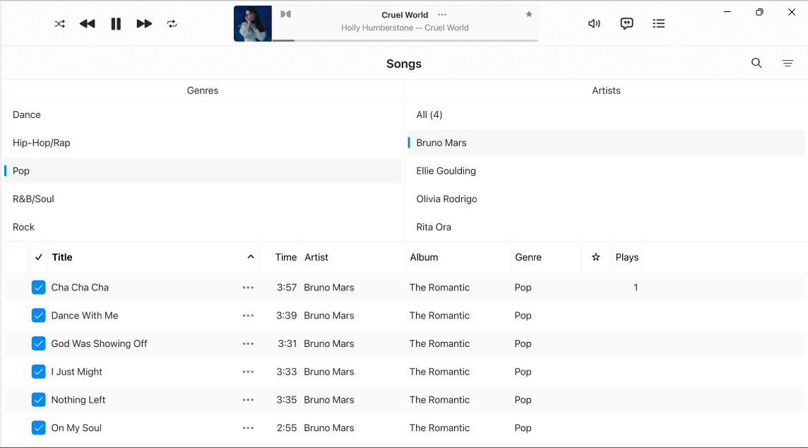 The Music window showing the column browser above the list of songs.