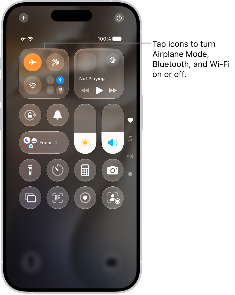 The Control Center screen showing that tapping the top-left button turns on Airplane Mode.