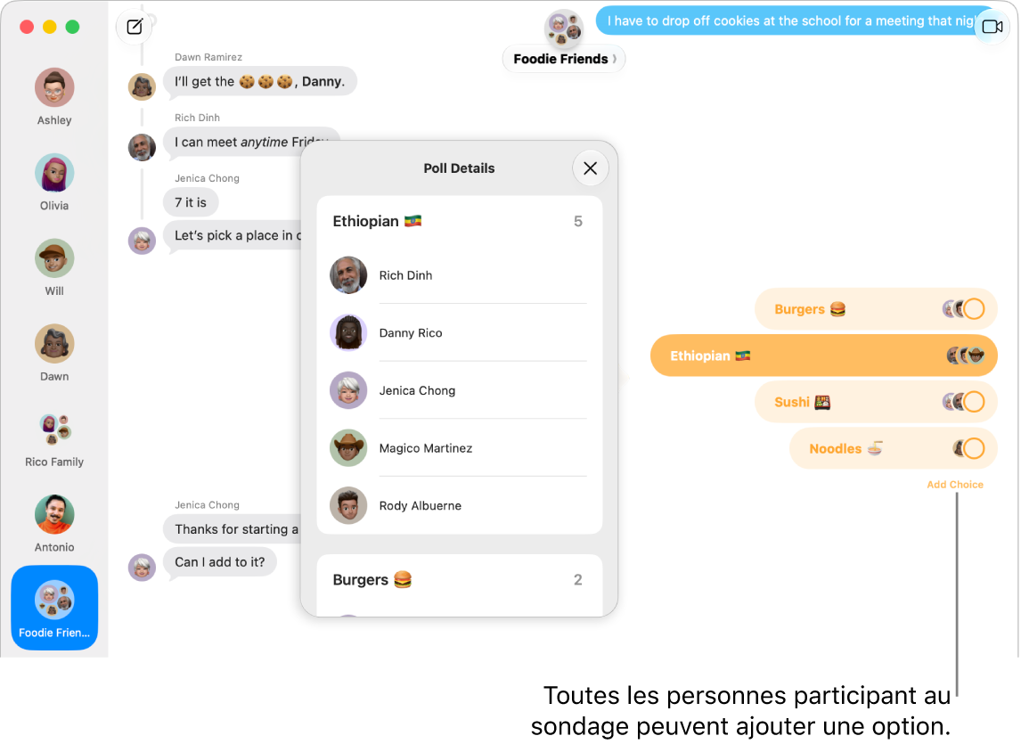 Dans une conversation Messages, les options d’un sondage sont affichées sous forme de barres horizontales ainsi qu’une répartition des résultats des votes dans les détails du sondage.