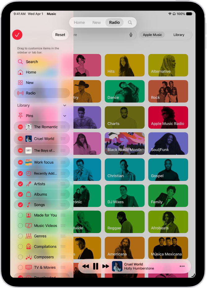 iPad in portrait orientation, showing options to edit the sidebar at the left and the tab bar at the top of the screen.