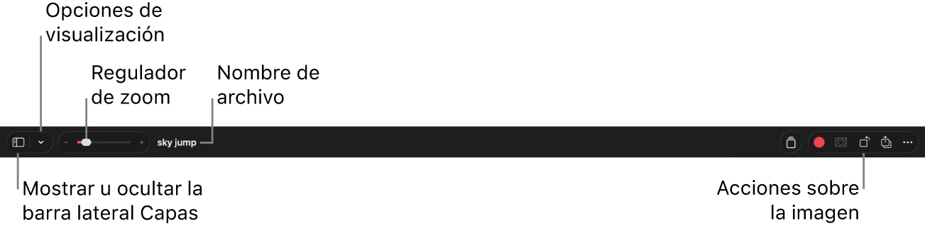 La barra de herramientas situada en la parte superior de la ventana de la app.