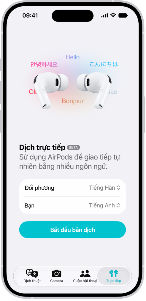 Ứng dụng Dịch thuật trên iPhone đang hiển thị màn hình Dịch trực tiếp. Màn hình hiển thị hai menu bật lên để chọn ngôn ngữ của người khác và ngôn ngữ của bạn, cùng một nút để bắt đầu Dịch trực tiếp.