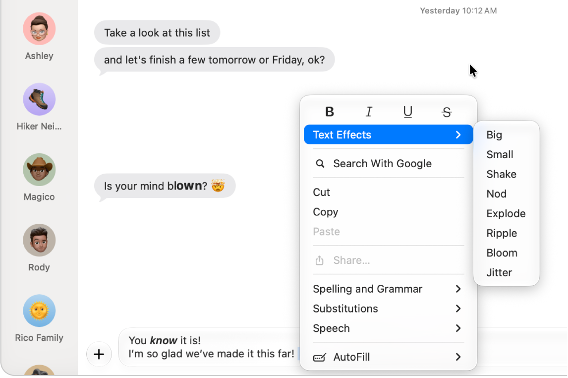 A Messages window with several conversations in the sidebar. In the transcript on the right, the current message is selected, and the Text Effects menu is open, with options to format or animate the message.