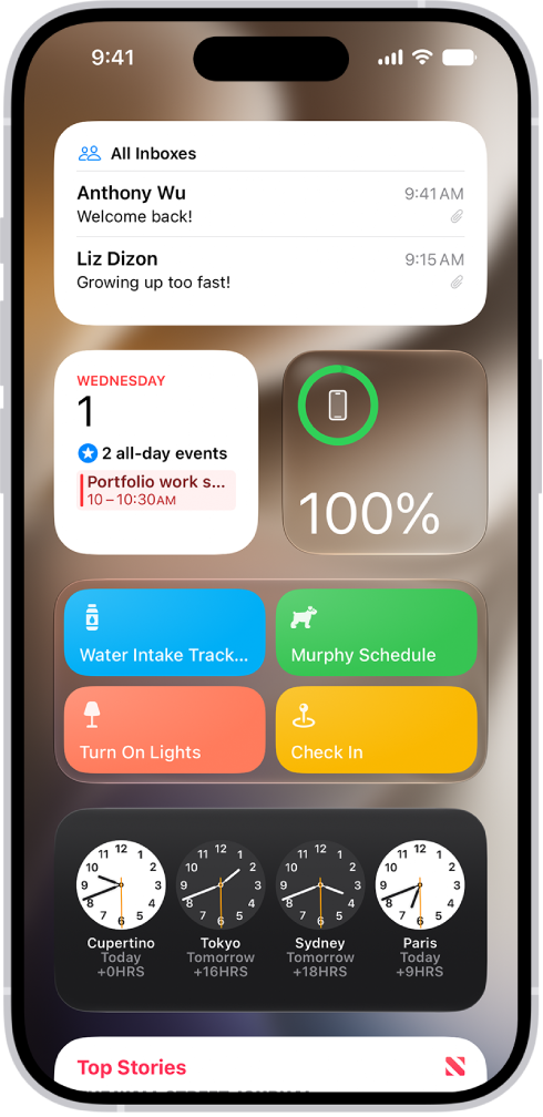 Widgets appearing in Today View, including the Reminders, Photos, Battery, Calendar, and Tips widgets and more. Tap one to add it to your Home Screen.